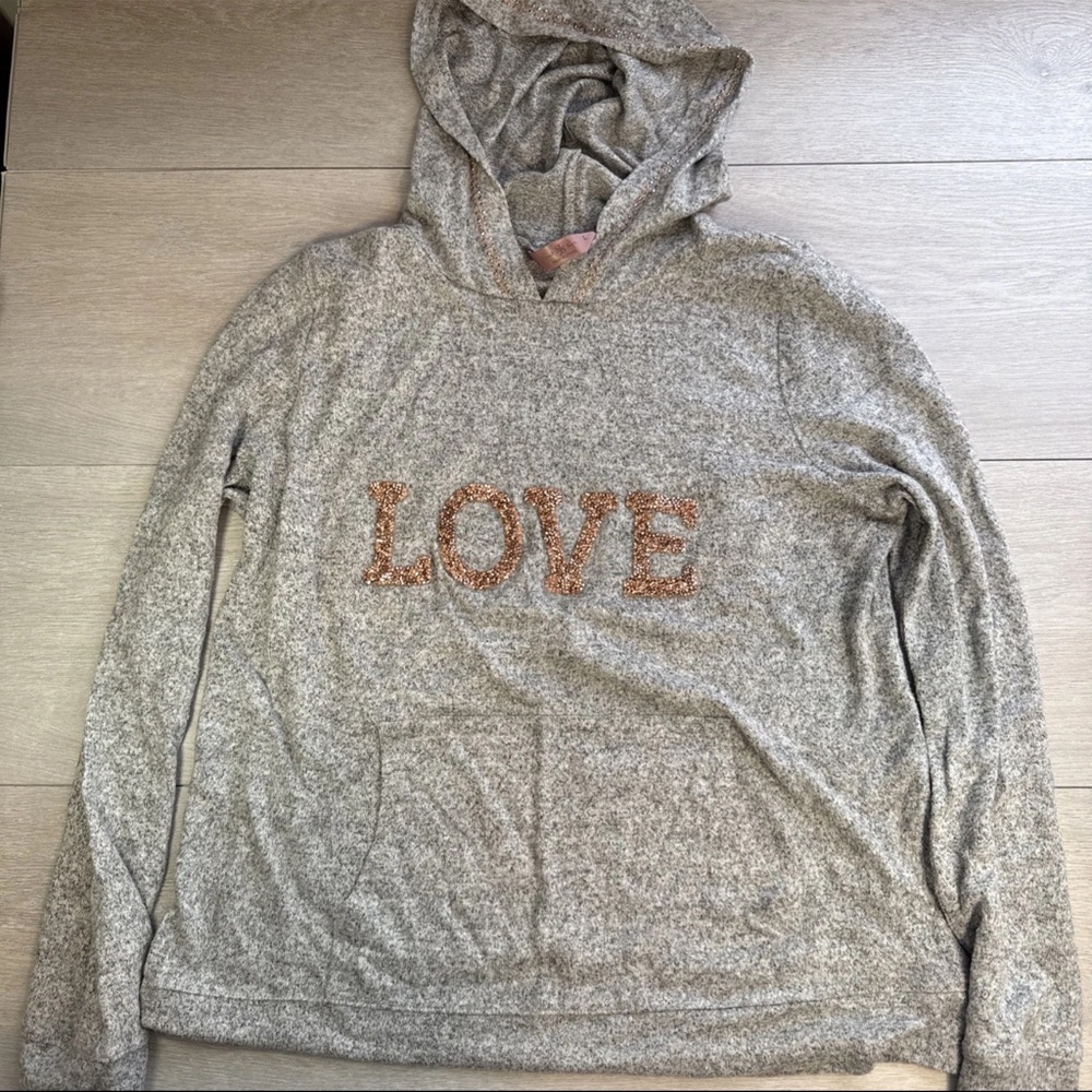 SJS Gray Long Sleeve “Love” Hoodie w/Pocket & Rose Gold Accents, Size L
